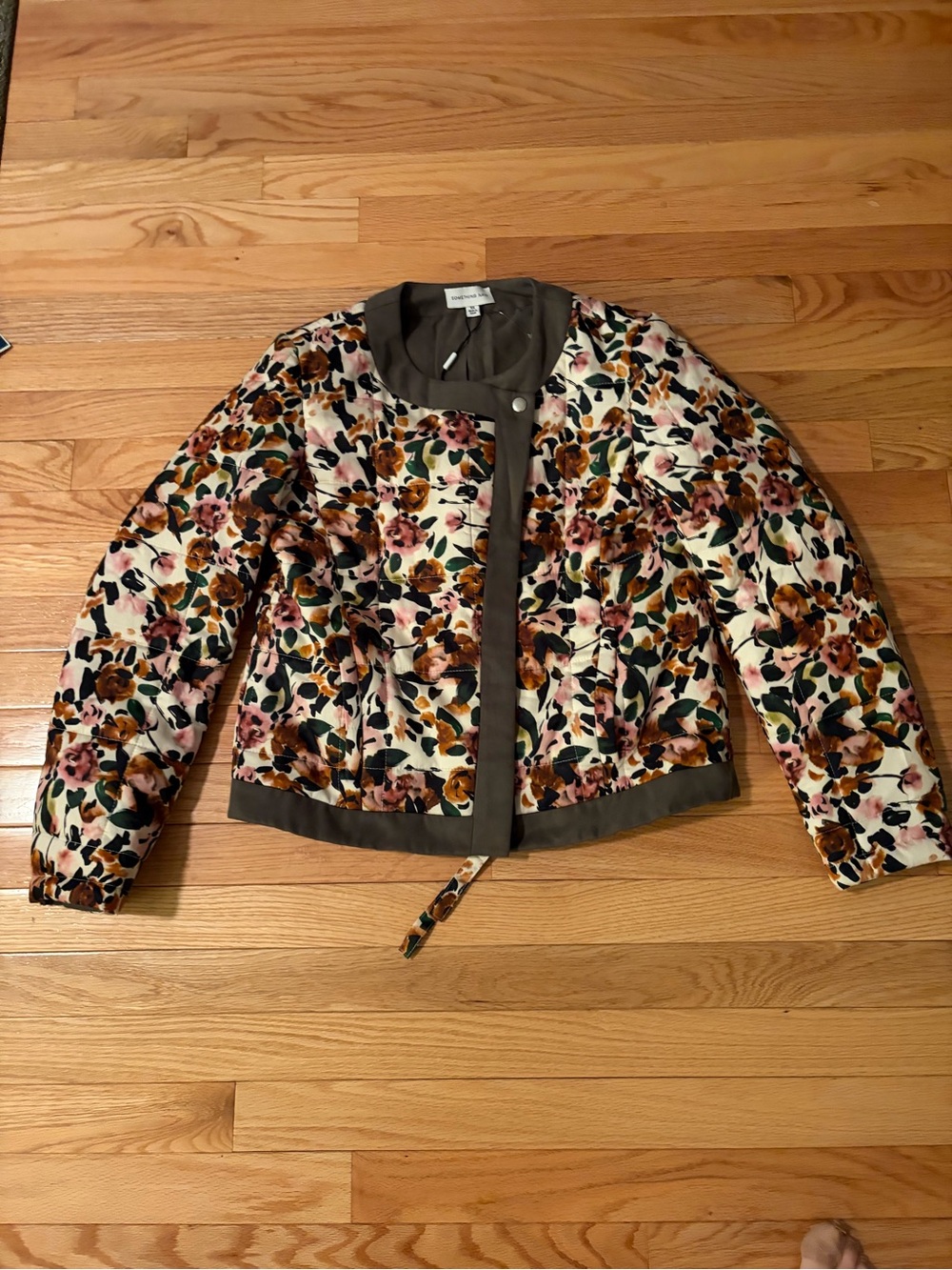 Something Navy Floral Quilted Bomber Jacket in Pink, Brown & Green